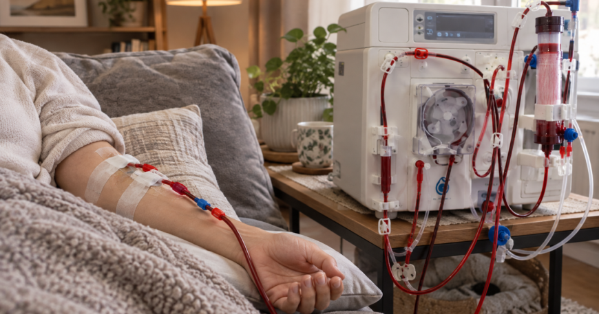 الغسيل الكلوي في المنزل: مريض يتلقى جلسة غسيل بالمنزل بإشراف طبي