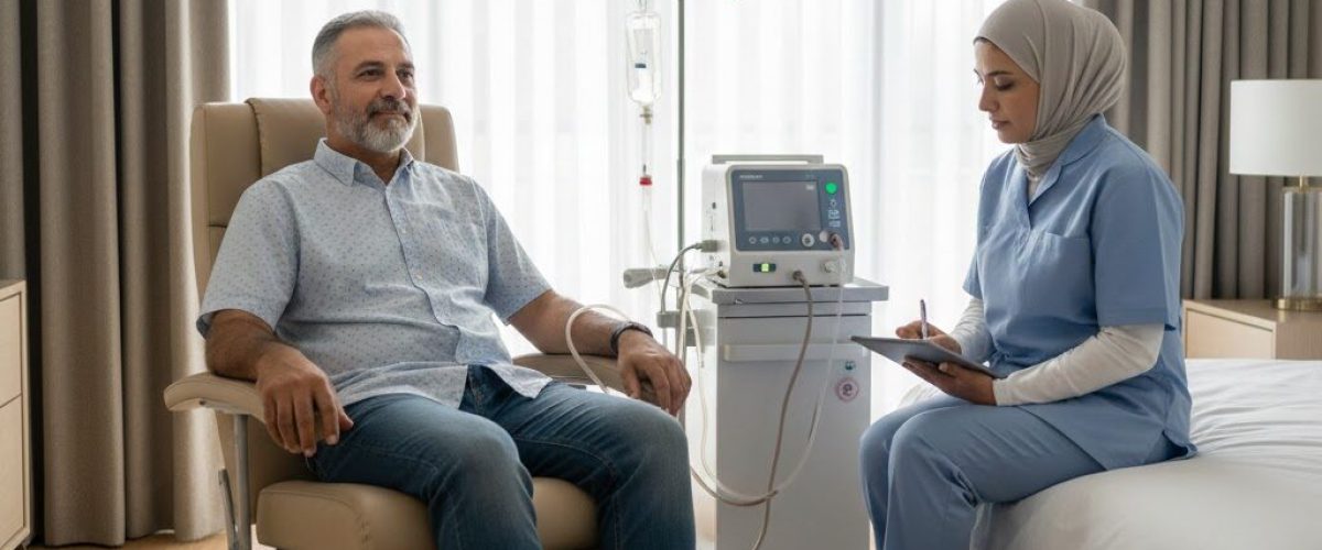 جلسة علاج طبيعي منزلية لمريض مسن مع أخصائي